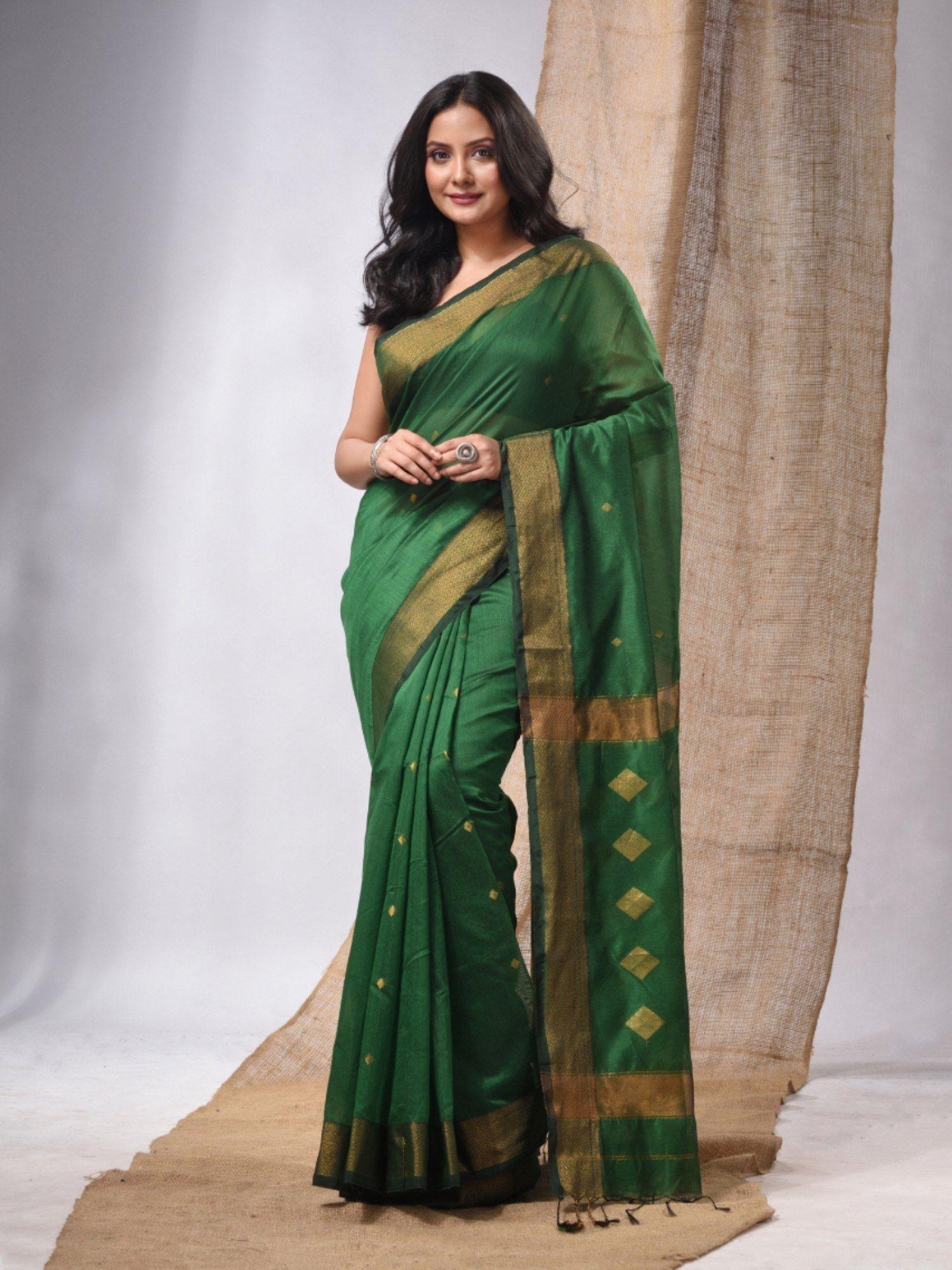 green cotton silk handwoven saree with zari borders & unstitched blouse