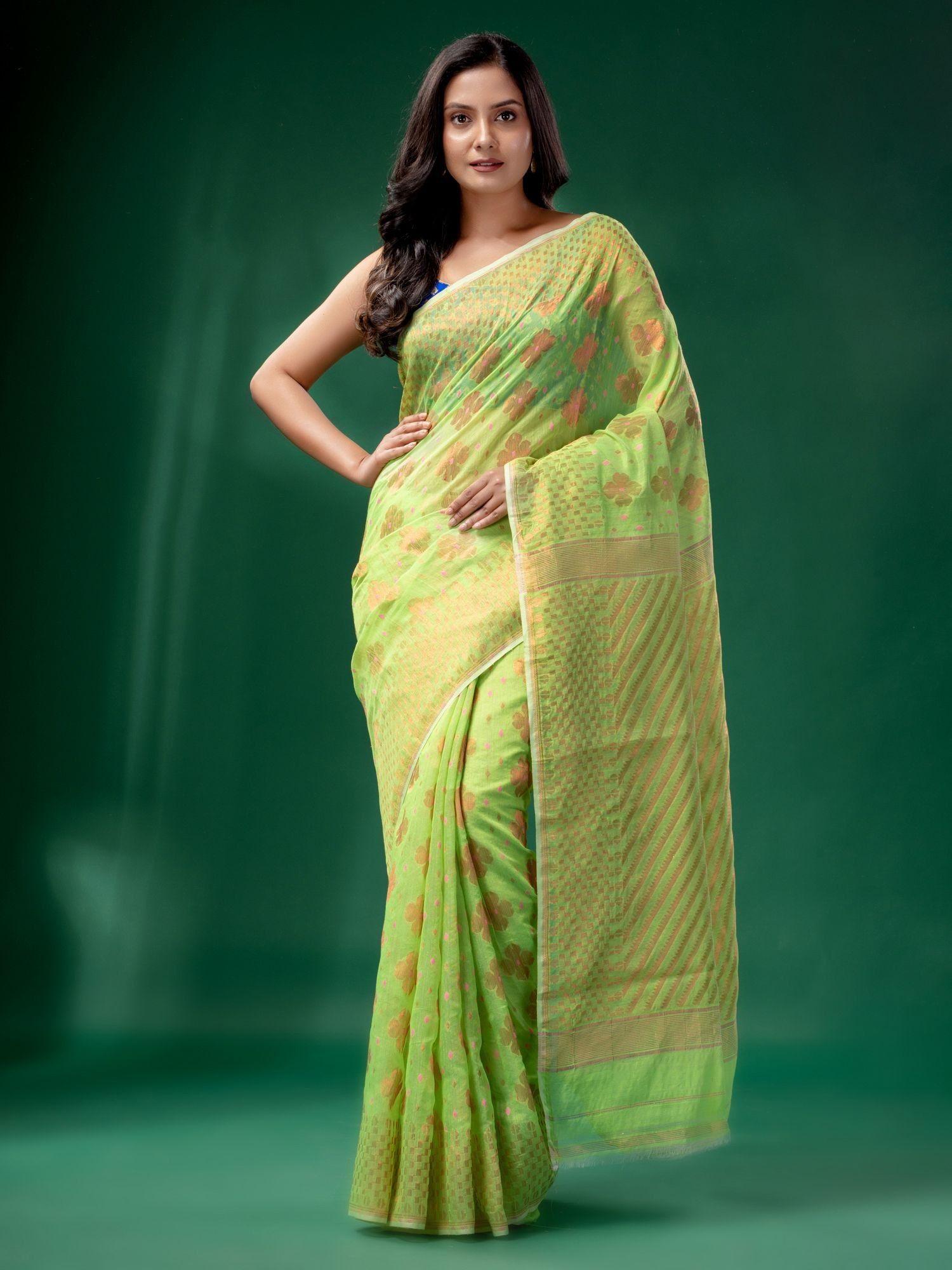 green cotton silk handwoven soft jamdani saree without blouse