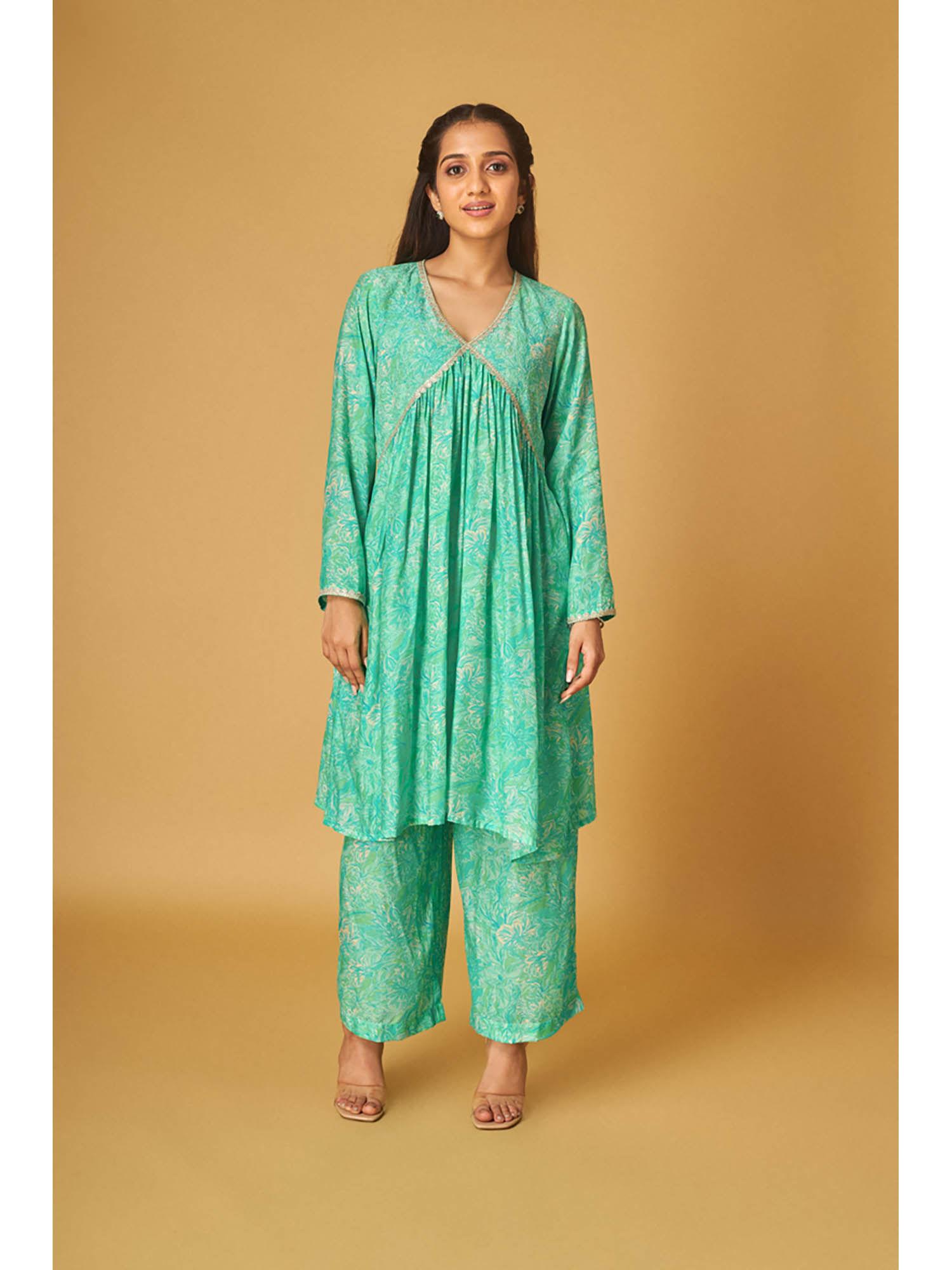 green cotton silk printed kurta and pant (set of 2)