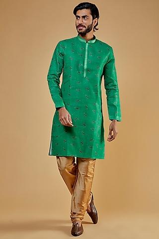 green cotton silk printed kurta set