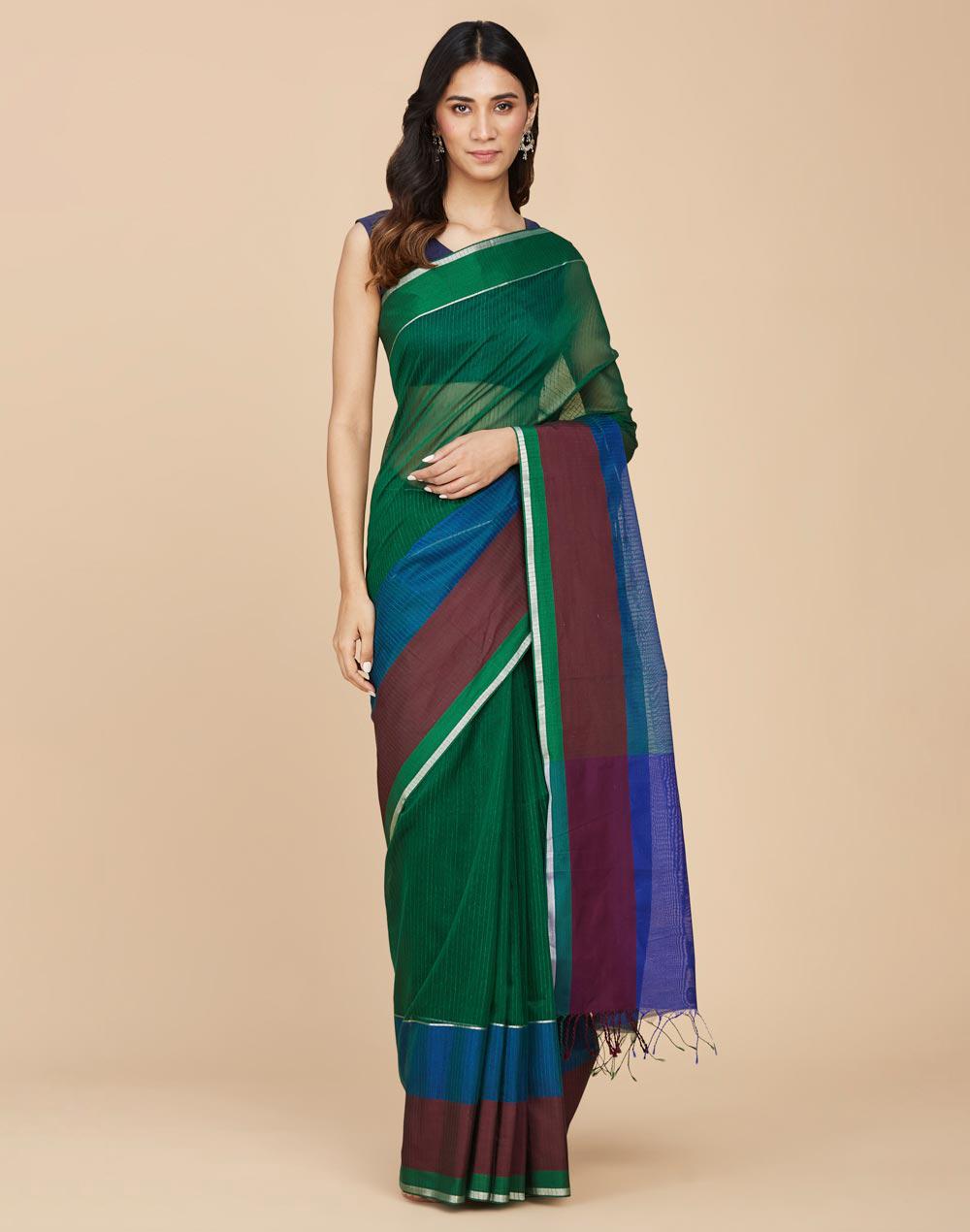 green cotton silk woven maheshwari sari