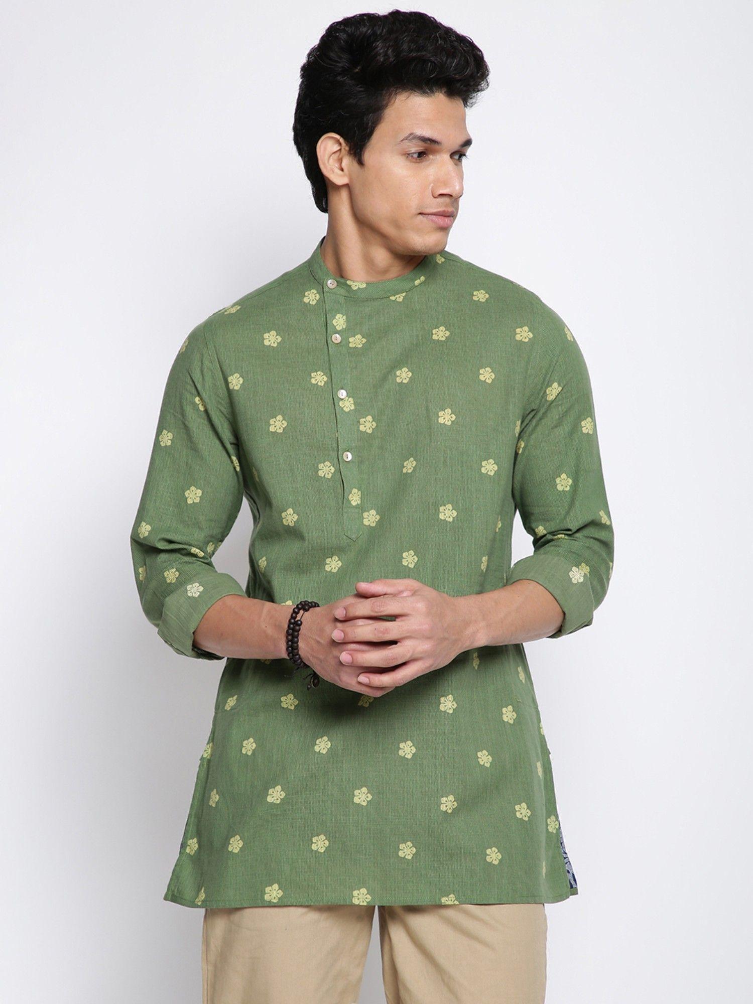 green cotton slim fit printed short kurta