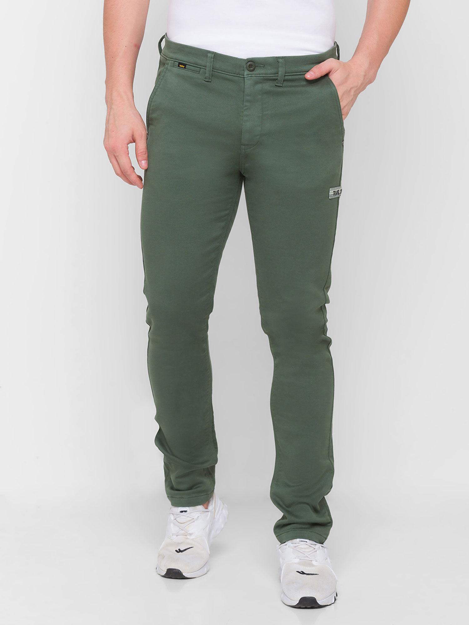 green cotton slim fit trousers for men