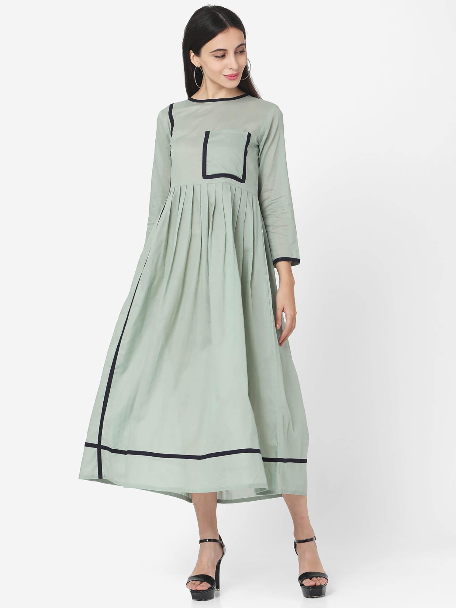 green cotton solid casual dress for women