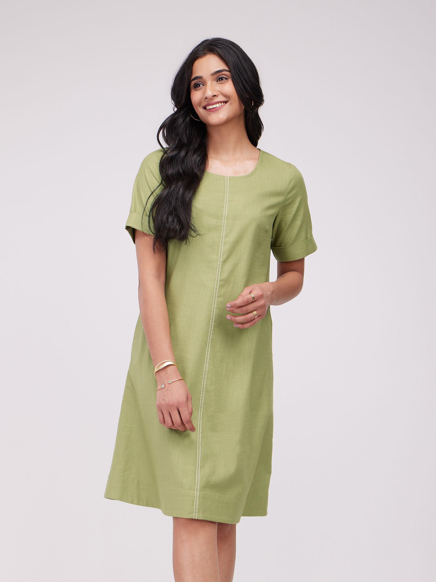 green cotton solid straight dress