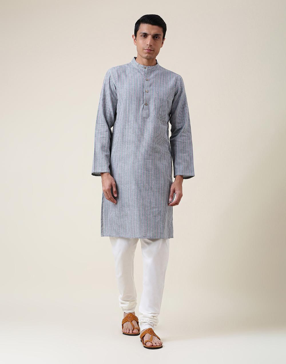 green cotton striped long kurta