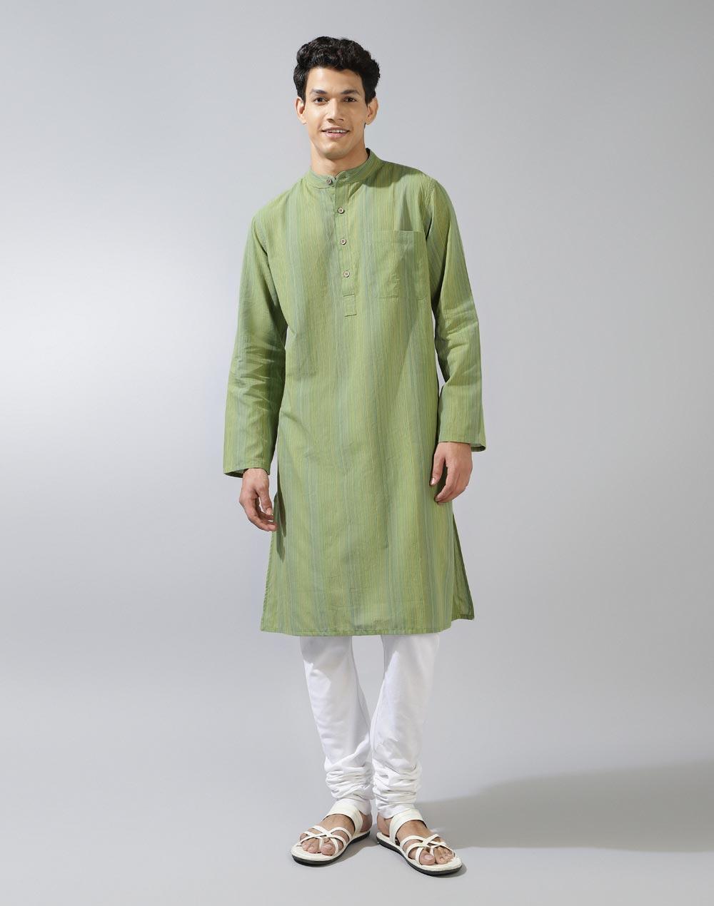 green cotton striped long kurta