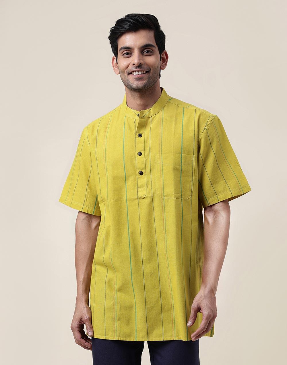 green cotton striped short kurta