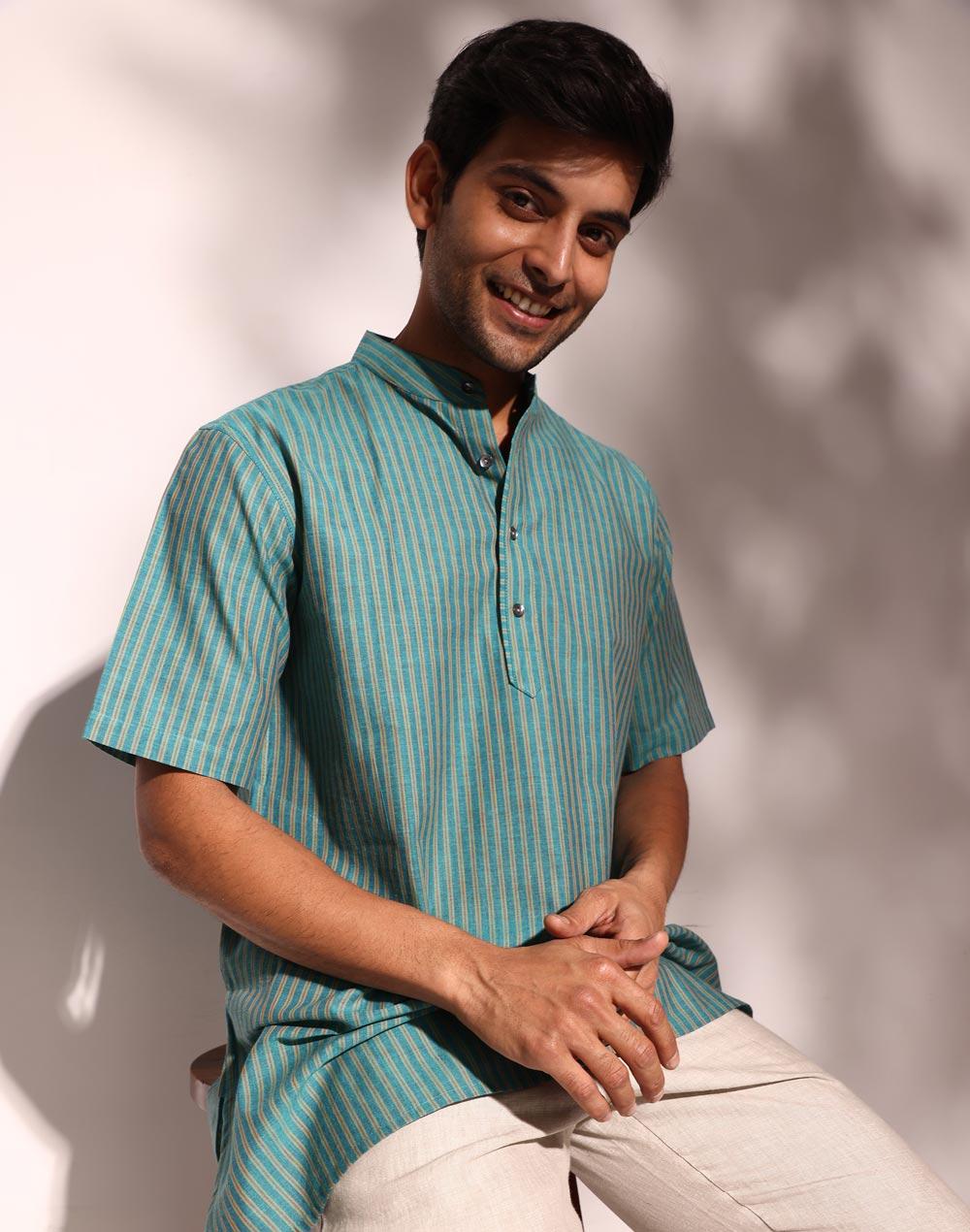 green cotton striped short kurta