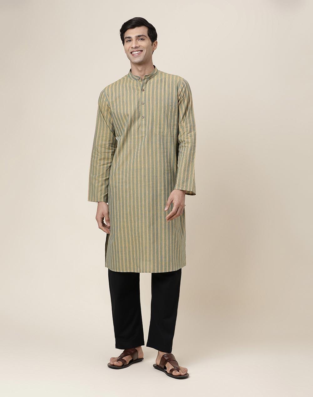 green cotton striped slim fit long kurta