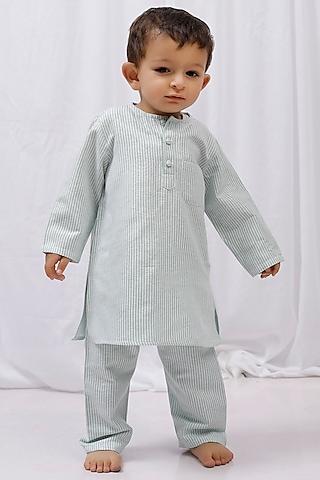 green cotton stripes printed kurta set for boys