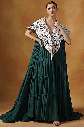 green cotton tiered gown with cape