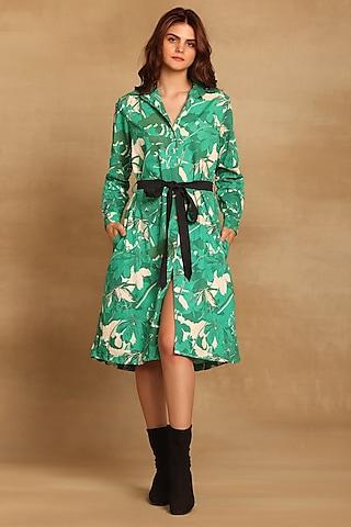 green cotton twill abstract floral printed shirt dress