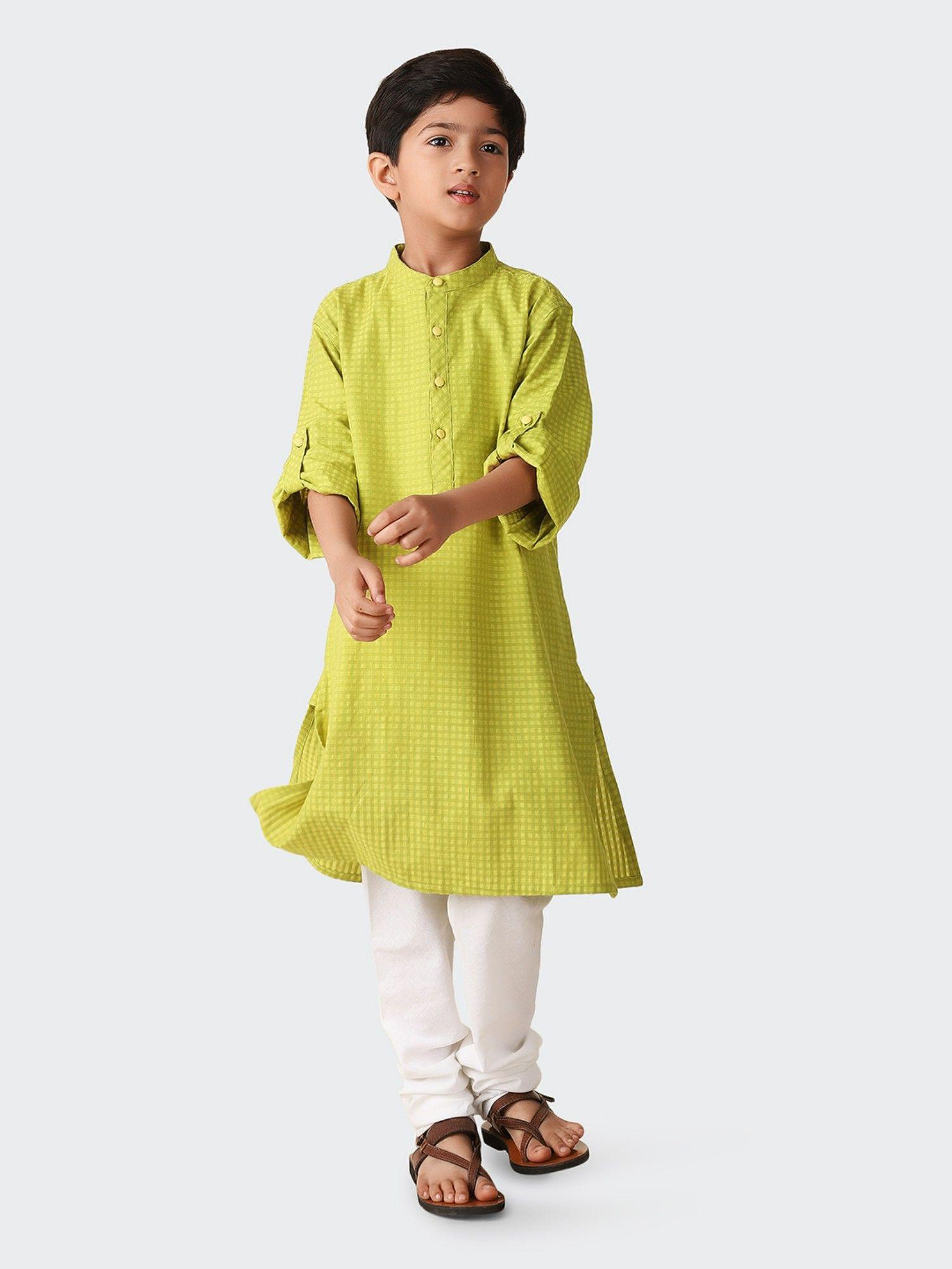 green cotton woven a-line long kurta