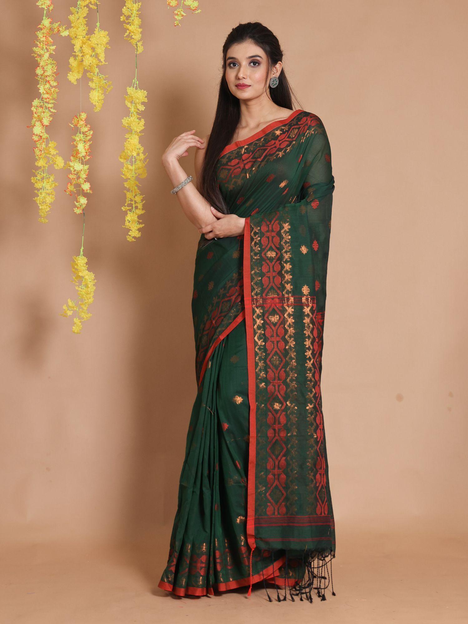 green cotton woven jamdani designs saree with unstitched blouse