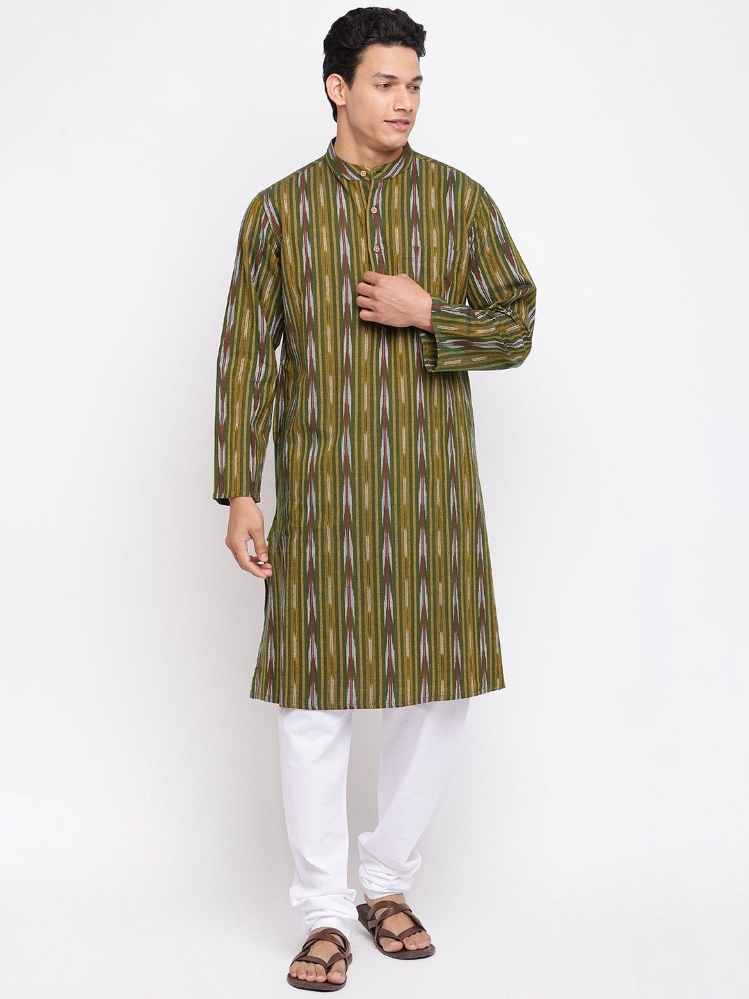 green cotton woven knee length long kurta