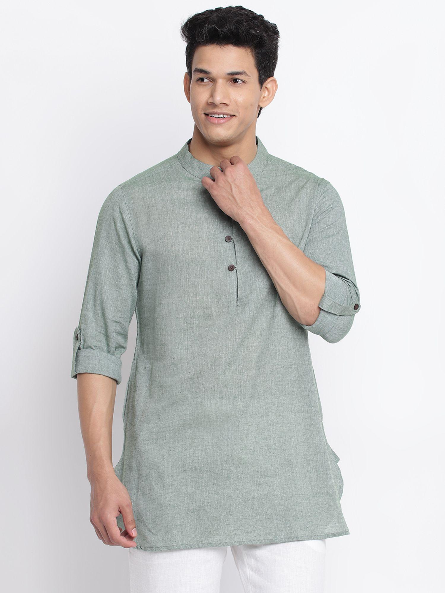 green cotton woven kurta short