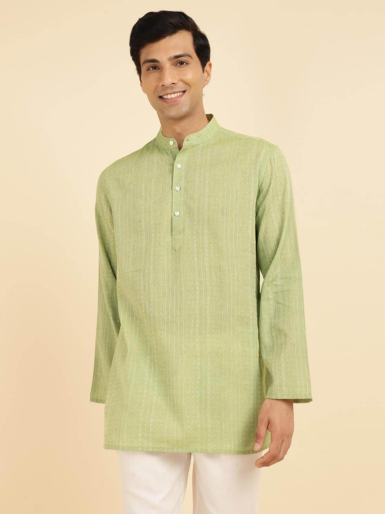 green cotton woven short kurta