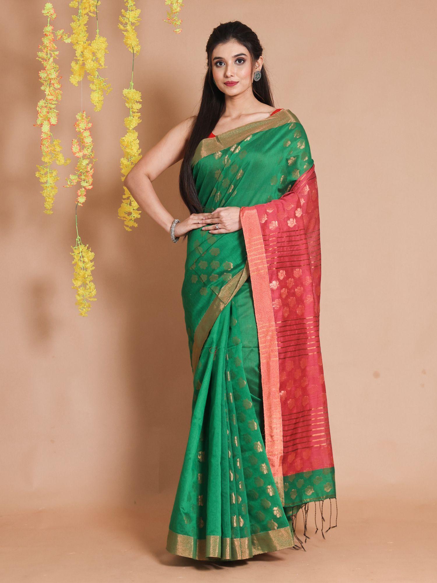 green cotton zari motifs & striped pallu handwoven saree with unstitched blouse