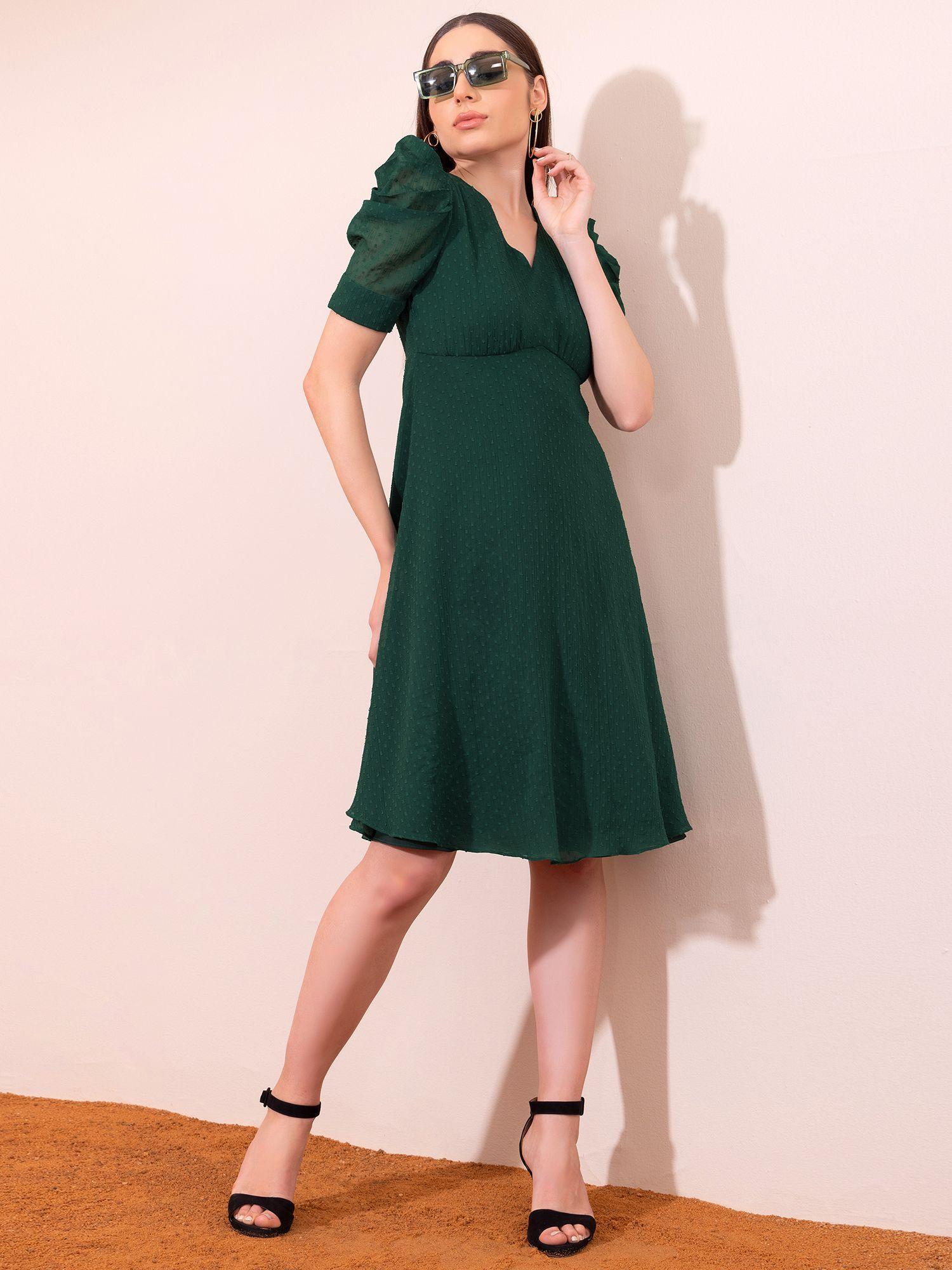 green cowl sleeve midi dress