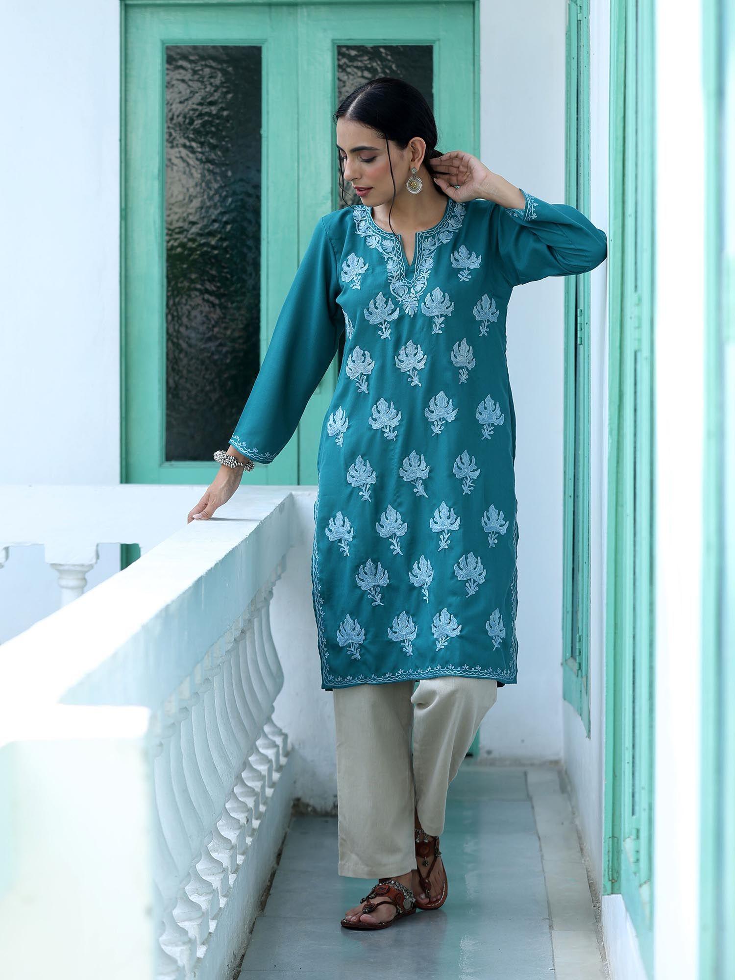 green crafts aari embroidered long kurta