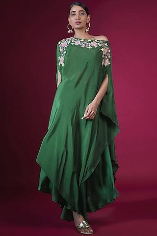 green crepe & cotton crepe floral applique work off-shoulder cape set