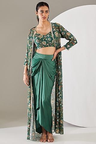 green crepe & satin floral printed cape set