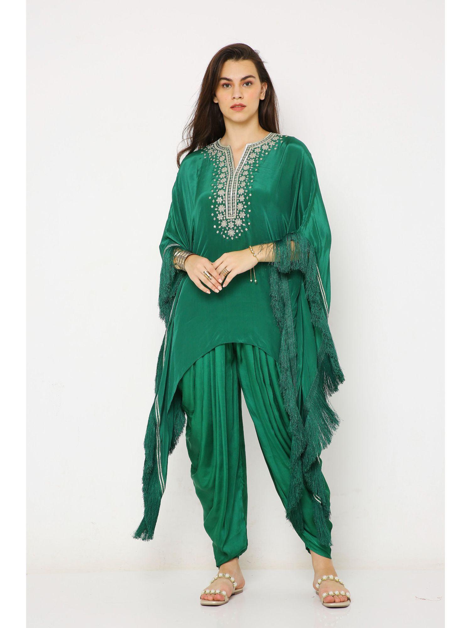 green crepe asymmetrical kaftan with modal dhoti pants (set of 2)