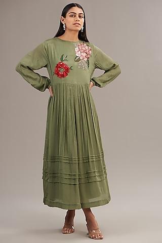 green crepe chiffon floral embroidered gathered midi dress