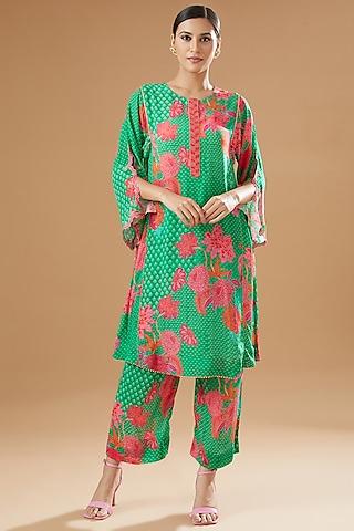 green crepe embroidered & printed kurta set