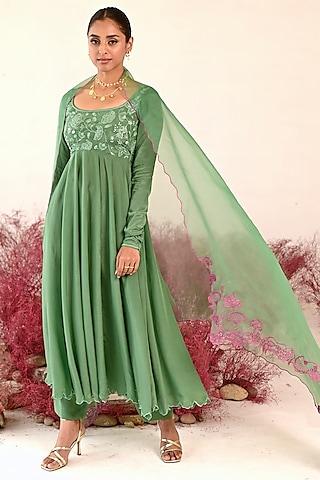 green crepe embroidered anarkali set