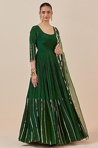 green crepe embroidered anarkali set