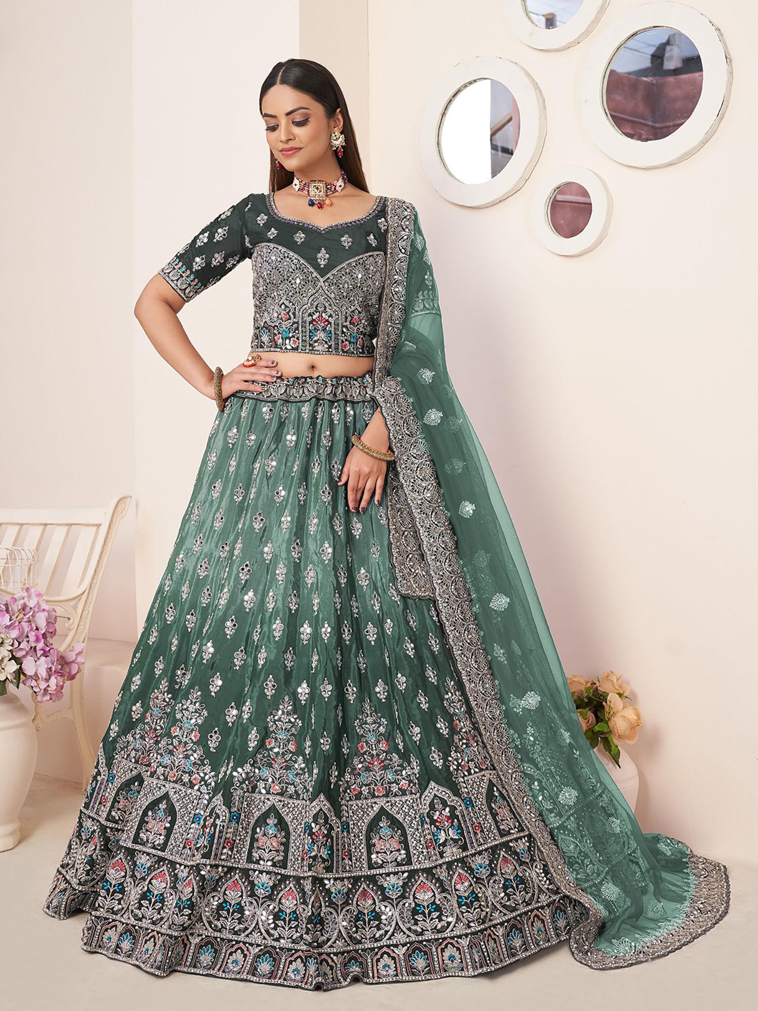 green crepe embroidered semi stitched lehenga with unstitched blouse (set of 3)