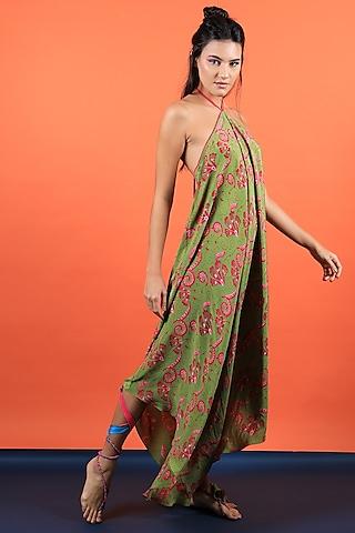 green crepe floral printed maxi dress