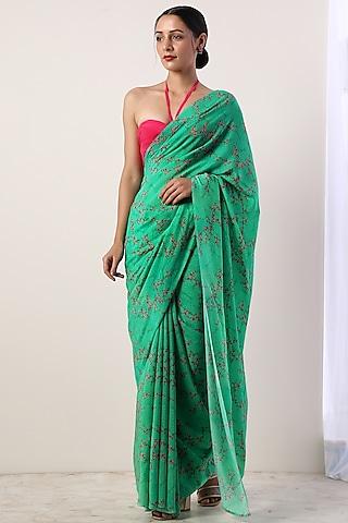 green crepe floral printed saree set