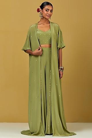 green crepe hand embroidered cape set