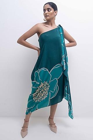 green crepe modal floral printed one-shoulder dress