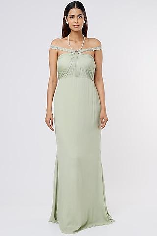 green crepe off-shoulder gown