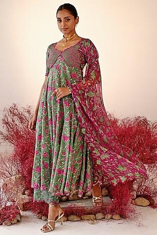 green crepe printed & embroidered anarkali set