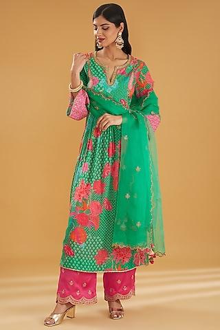 green crepe printed & embroidered kurta set