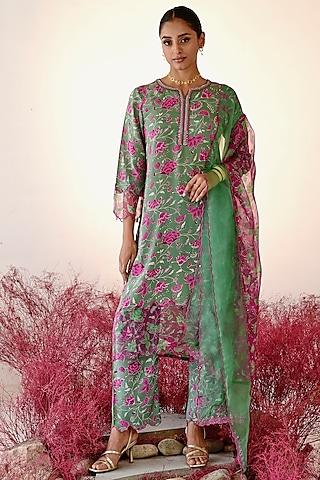 green crepe printed & hand embroidered kurta set