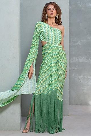 green crepe printed cut-out dress