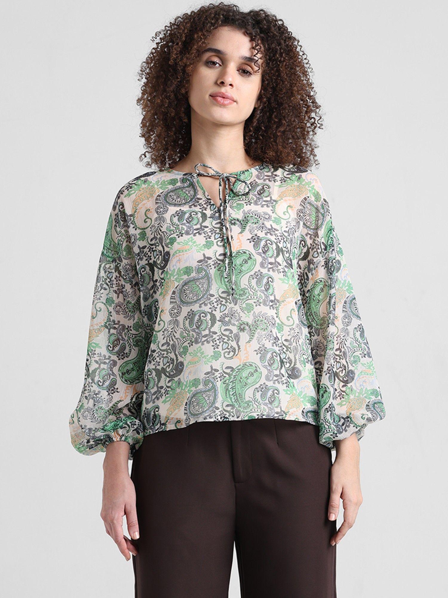 green crepe printed top