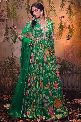 green crepe silk printed & hand embroidered anarkali set