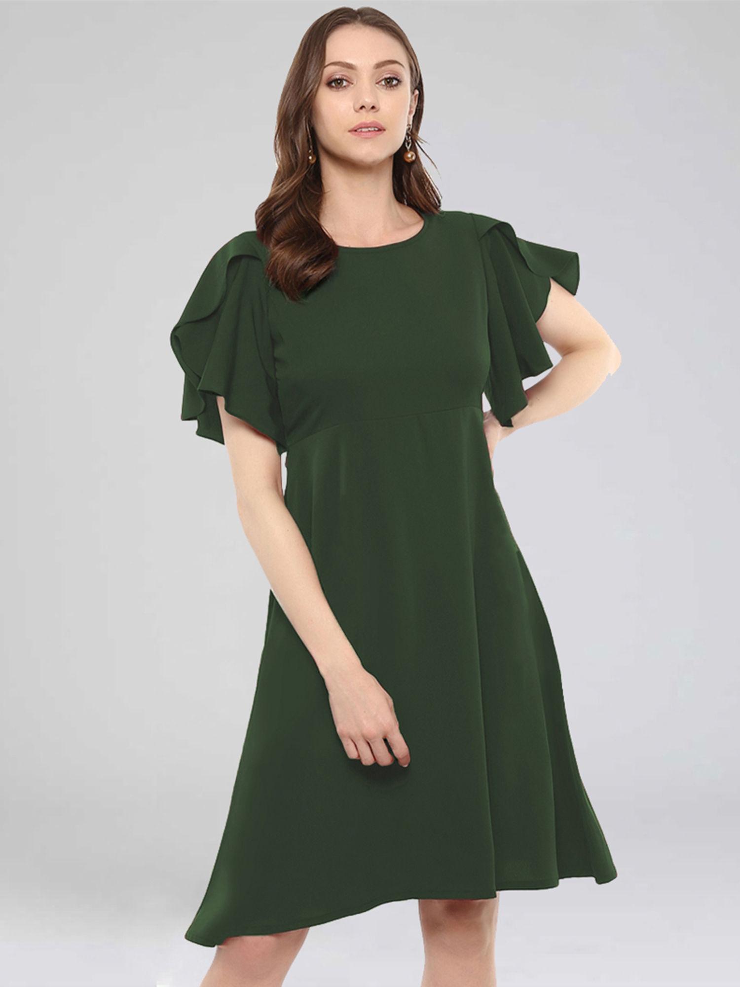 green crepe solid ruffle sleeves fit & flare skater dress