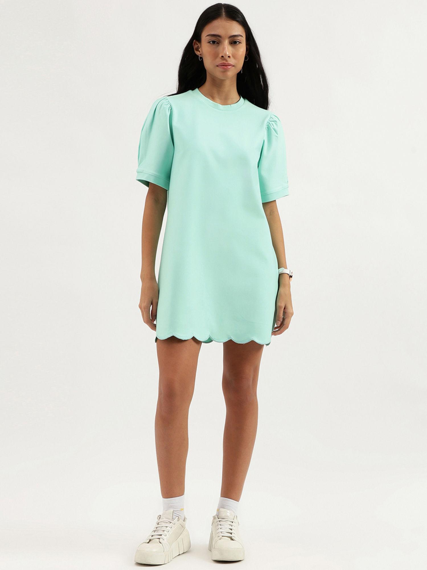 green crew neck solid mini dress