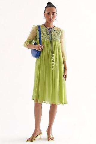 green crinkled chiffon lace applique a-line embroidered dress