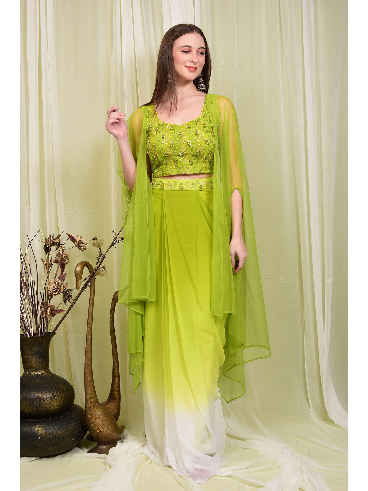 green crop top with shaded dhoti skirt and shrug (set of 3)