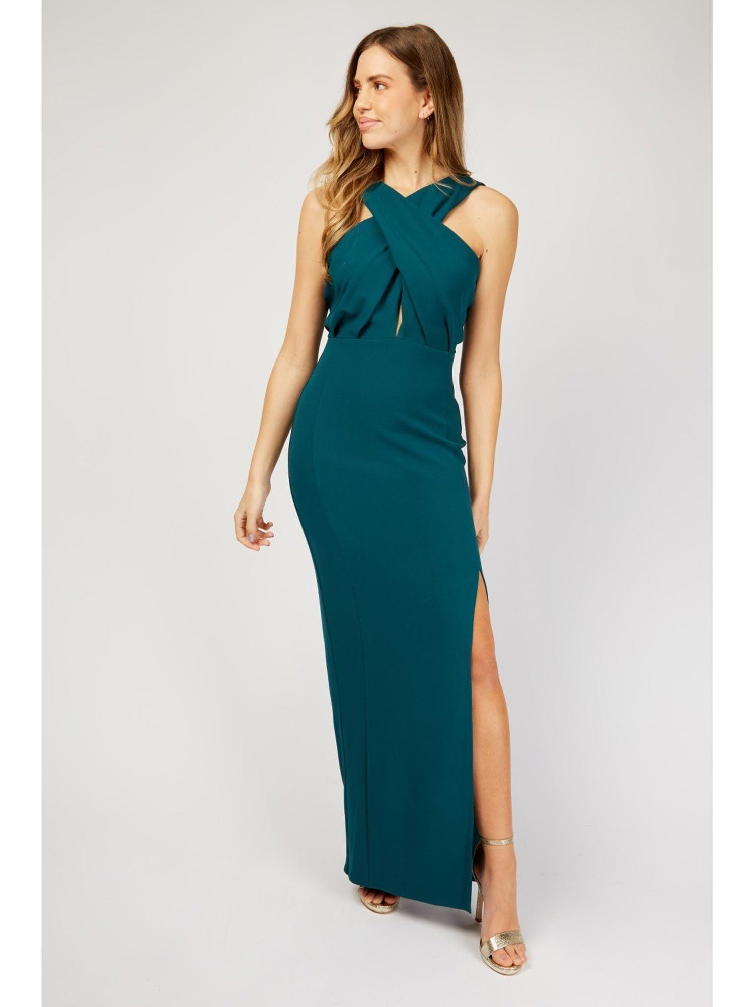 green crossover bodice maxi bridesmaid dress