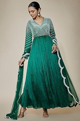 green crushed silk & net pearl embroidered anarkali set